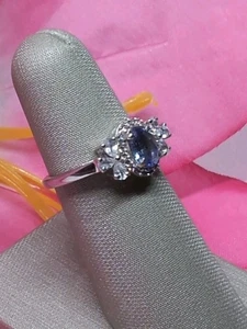 Sterling Silver 925 Simulated Tanzanite & CZ Oval Halo Cluster Ring Size 6.75 - Picture 1 of 8