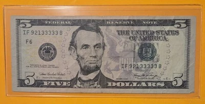 2006 $5 Dollar Bill Fancy Serial Number S/N (IF92133333B) 5 in a Row Lucky 3's - Image 1 of 4