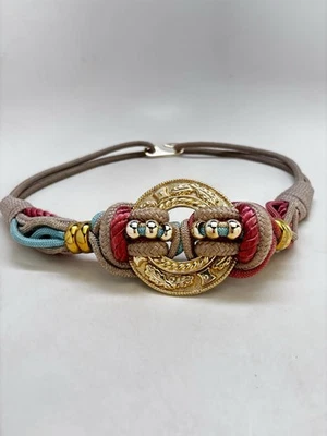 VINTAGE 80s Bohemian Rope Belt Womens Medium Golden Medallion Ethnic Festival - Image 1 of 4