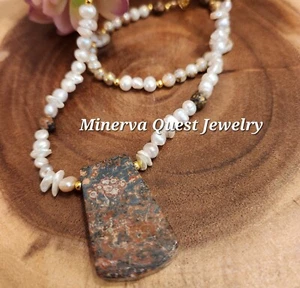 Handmade 20-24 Inch Adjustable PEARL Seashell Leopard JASPER NECKLACE #1523 - Picture 1 of 2