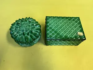 2 Bohemia Böhmen Glasdosen in grün in eckig und rund mit Rautenmuster Malachit - Bild 1 von 19