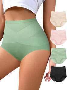 High Waisted Tummy Control Cotton Panties - 4 Pack Full Coverage Briefs - Picture 1 of 13
