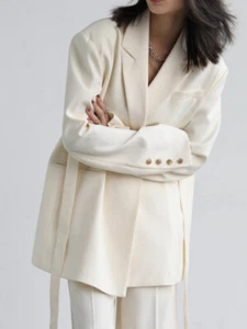 2025 Wide Shoulder Mid Long Loose Label Blazer Women Suit Jackets Spring Outwear - Picture 1 of 15