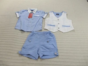 Allo Lugh Outfit Set Boys Toddlers 12-18 Blue Shirt Shorts Vest Check Button Up - Picture 1 of 10