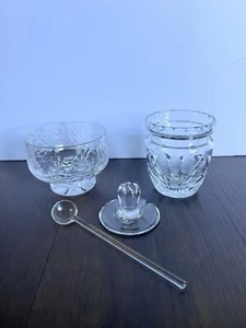 Vintage schwer glasklar 2er Set Marmelade Gewürz Deckeldose mit Löffel Dessert - Bild 1 von 12