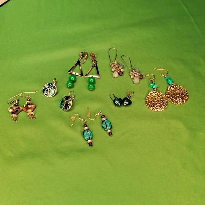 Lote 7 Pares 5 Colgantes 1 Clip En 1 Poste Pendientes Océano Azul y Verdes Abulón Vidrio Foto 1 de 4