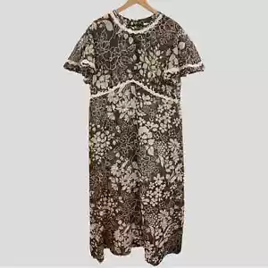 Vintage 60s 70s Lane Bryant Brown White Hawaiian Floral Semi-Sheer Maxi Dress - Picture 1 of 7