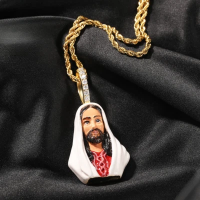 3AAA+ CZ Hop Hip Ice Out Enamel Jesus Pendant Chain 24k Real Gold Plated - Image 1 of 4