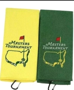 2 Masters Golf Microfiber Waffle Towels Lot Green Yellow Augusta W/ Clip - Picture 1 of 4