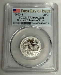 2023 - S Silver Quarter 25C Bessie Coleman PCGS PR70DCAM First Day of Issue - Picture 1 of 2