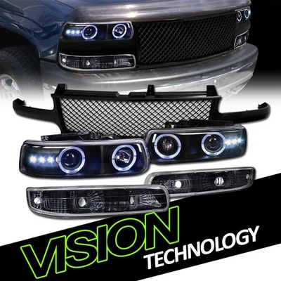 Farol projetor LED halo preto K2 + para-choque YD + grade de malha para 99-02 Silverado - Imagem 1 de 4