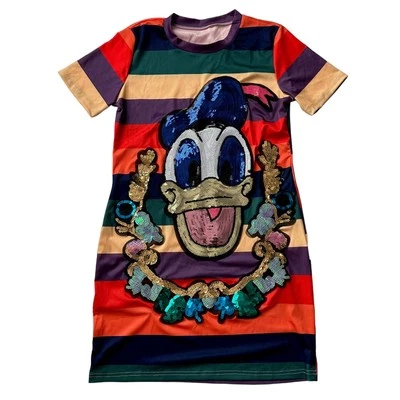 Vestido Camiseta Pato Donald Lentejuelas Brillante Arco Iris Rayas Elastizado Manga Corta M Foto 1 de 4
