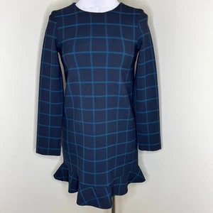 Zara Trafaluc Plaid Dress XS Navy Blue Ruffle Hem Long Sleeve Ponte Mini Flounce - Picture 1 of 6