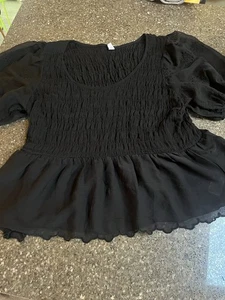 Old Navy Black Smocked Peplum top with Puff Sleeves Size XXL Embroidery Design  - Picture 1 of 7