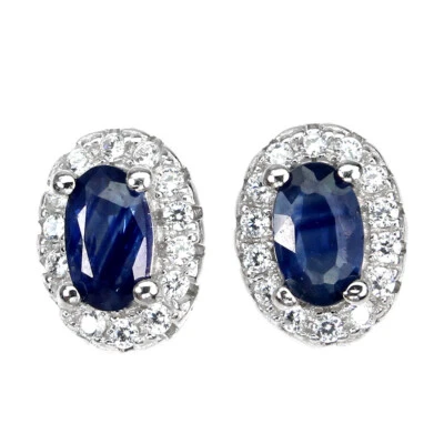 925 Sterling Silver Oval Blue Sapphire 5x3mm Simulated Cz Earrings - Image 1 of 4