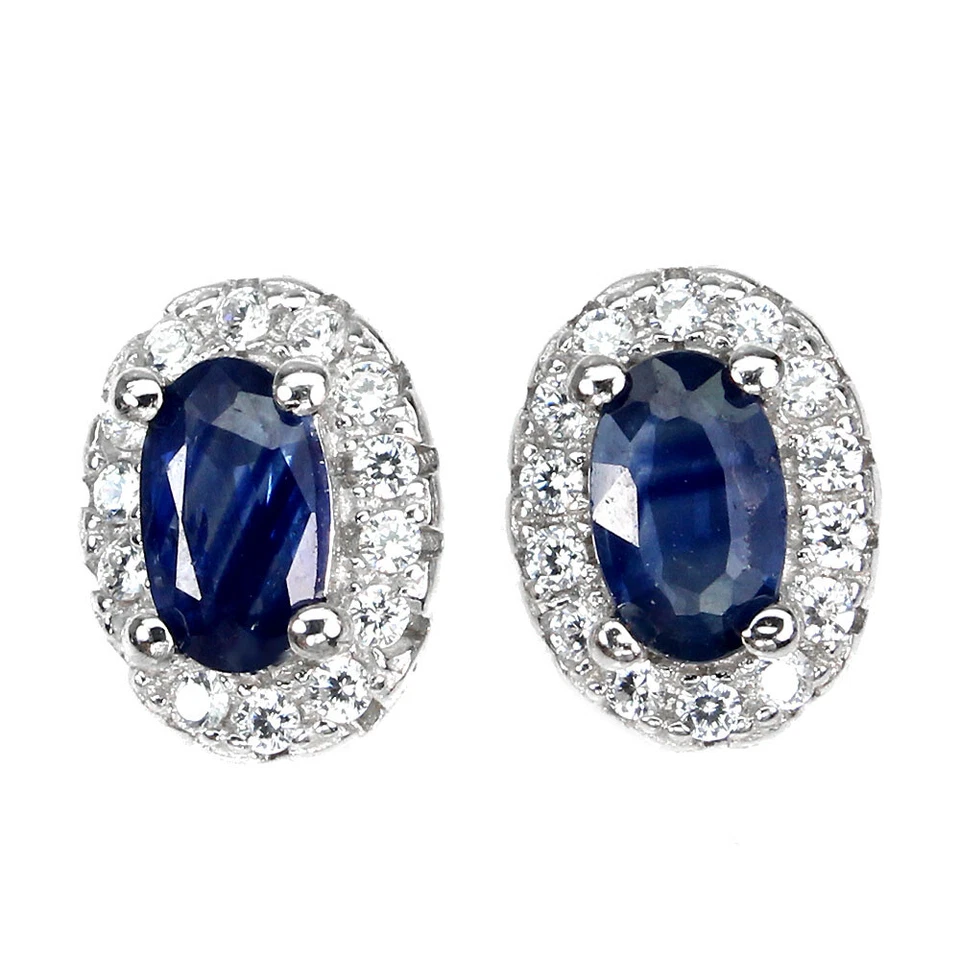 925 Sterling Silver Oval Blue Sapphire 5x3mm Simulated Cz  Earrings - Image 1 of 4