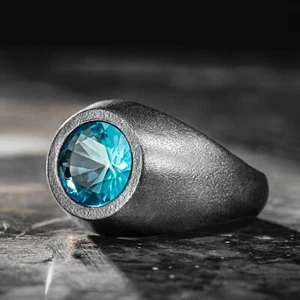 Anillo básico de plata de ley 925 con piedra aguamarina redonda oxidada para hombre todas las tallas - Imagen 1 de 4