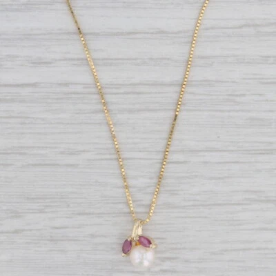 Cultured Pearl Ruby Pendant Necklace 14k Yellow Gold 15.75" Box Chain - Image 1 of 4
