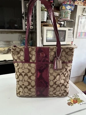 COACH Signature Stripe Python Print Rare Color Raspberry F25706 Bag Purse Tote - Image 1 of 4