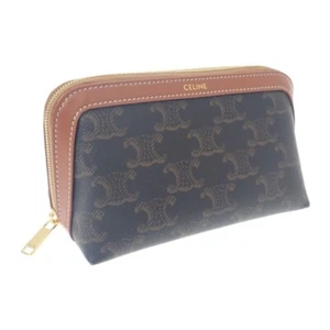 CELINE Small Cosmetics Pouch Calf Triomphe Canvas Brown Black Women's TGIS - Picture 1 of 10