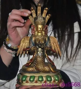 10.2"Old Tibet Bronze Gilt 5-Heads Snake Naga Kanya Snake Fairy Buddha Statue - Picture 1 of 12