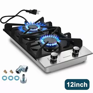 12 Zoll Küche Gas Kochfeld 2 Brenner NG/LPG Edelstahl Hartglas Neu - Bild 1 von 9