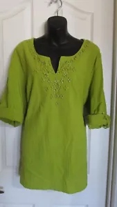 Susan Graver Pea Green Cotton Gauze Roll-Tab Sleeve Top w/ Gold Beads XL - Picture 1 of 7