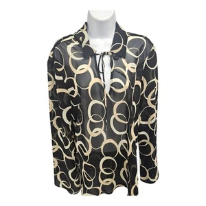Venezia Jeans Clothing Co. Sheer Blouse Black Beige Pullover Tie Front Sz 18/20 - Picture 1 of 10