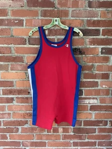 Vintage Champion Wrestling Singlet Large L Rosso Unitard Nylon 1 Pezzo Made in USA - Foto 1 di 10
