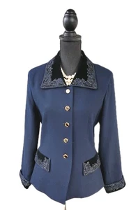 Traje Chaqueta Albert Nipon Vintage S Azul Marino Lana Terciopelo Cuentas Puños Franceses 4 6 - Imagen 1 de 8