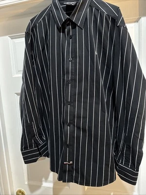 Vintage Southpole Button Up Hexagon Masculino XL Preto Listra Prata Manga Longa - Imagem 1 de 4