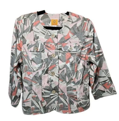 Women's Ruby Rd. Lightweight Jacket Leaf Palm Frond Pink Orange Cream Size 12 - Image 1 of 4