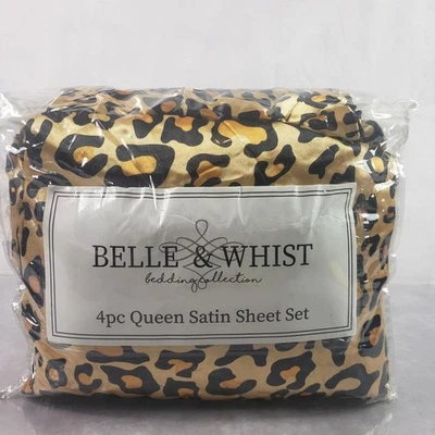 Juego de sábanas de satén Belle & Whist Bedding Collection Queen 4 piezas con estampado de leopardo Foto 1 de 4
