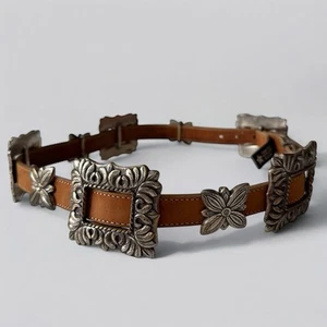 Vintage 1994 Brighton Concho Belt Sz M Silver Tone Brown Leather Southwestern - Picture 1 of 8