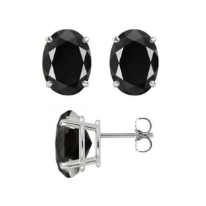 1.0Tcs Oval Cut Natural Black Diamond Earrings, 14Kt Solid Gold Stud Prong Set - Foto 1 di 4