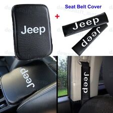 Carbon Fiber Car Center Armrest Cushion Mat Pad + Seat Belt Cover Set For JEEP