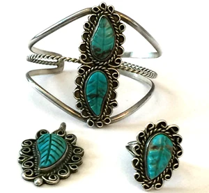 3 STCK. VINTAGE INDIANER TÜRKIS STERLINGSILBER MANSCHETTE ARMBAND RING ANHÄNGER SET - Bild 1 von 24
