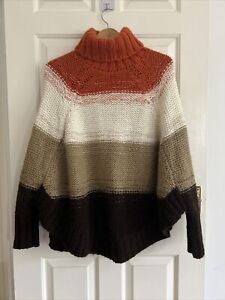 MICHAEL KORS Orange/white/Brown / Tan Wool/alpaca Blend Knitted Poncho S 8/10/12