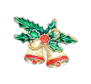 Christmas Brooch Pin Bells Holly Berries Gold Tone Enamel Vintage Unbranded - Picture 1 of 5