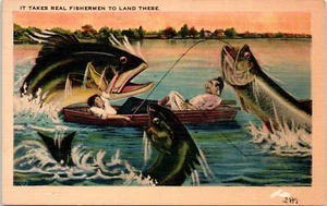 1940s NC Postcard Cartoon Fishing Exaggeration Big Fish Men Canoe Asheville  - Picture 1 of 2