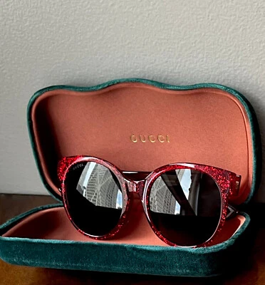 GUCCI Oversized Cat Eye Cherry Red Glitter Grey Lens 56mm Optyl Frame Sunglasses - Image 1 of 4