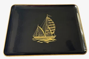 Otagiri Tablett Japan Lackware Vintage MCM Schwarz Gold Segelboot 13x10 - Bild 1 von 20