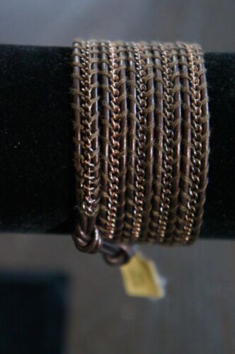 NEW Chan Luu Men or Women's Copper Chain 5 Wrap Bracelet Brown Leather Cord 