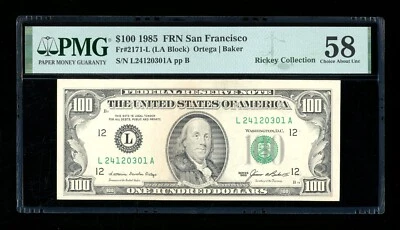 DBR 1985 $100 FRN San Francisco Fr. 2171-L PMG 58 Serial L24120301A - Image 1 of 2