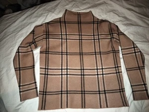 Tahari Women's Size Small Plaid Tan Neutral Sweater Mock Neck Butter Soft Thick - Picture 1 of 6