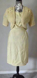 VTG 1960's Marjorie Montgomery Calif gold linen sheath dress sweater set SMALL - Picture 1 of 11