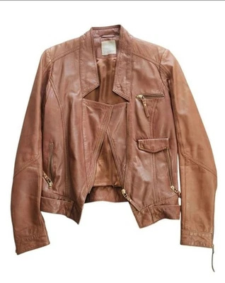 PINKO Италии натуральной кожи Moto куртка коричневый женщин 42 ассиметричный молнии сделано я - Изображение 1 из 4