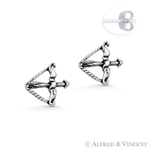 Antique-Finish Bow & Arrow Archery Charm Stud Earrings 925 Sterling Silver Studs - Picture 1 of 1
