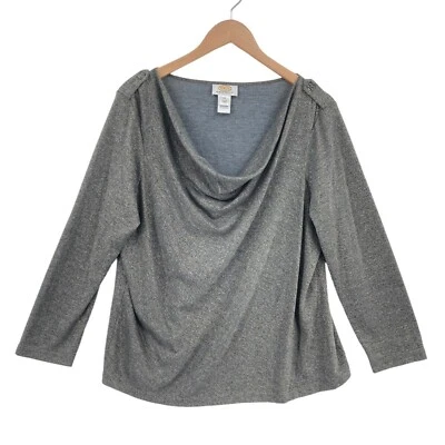 Talbots Blouse Top Womens Petite 1X Gray Knit Silver Metallic Modal Cowl Neck - Image 1 of 4