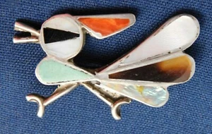 ZUNI STERLING Multi Stone Inlay Textured HANDMADE ROADRUNNER PIN Estate - Picture 1 of 2